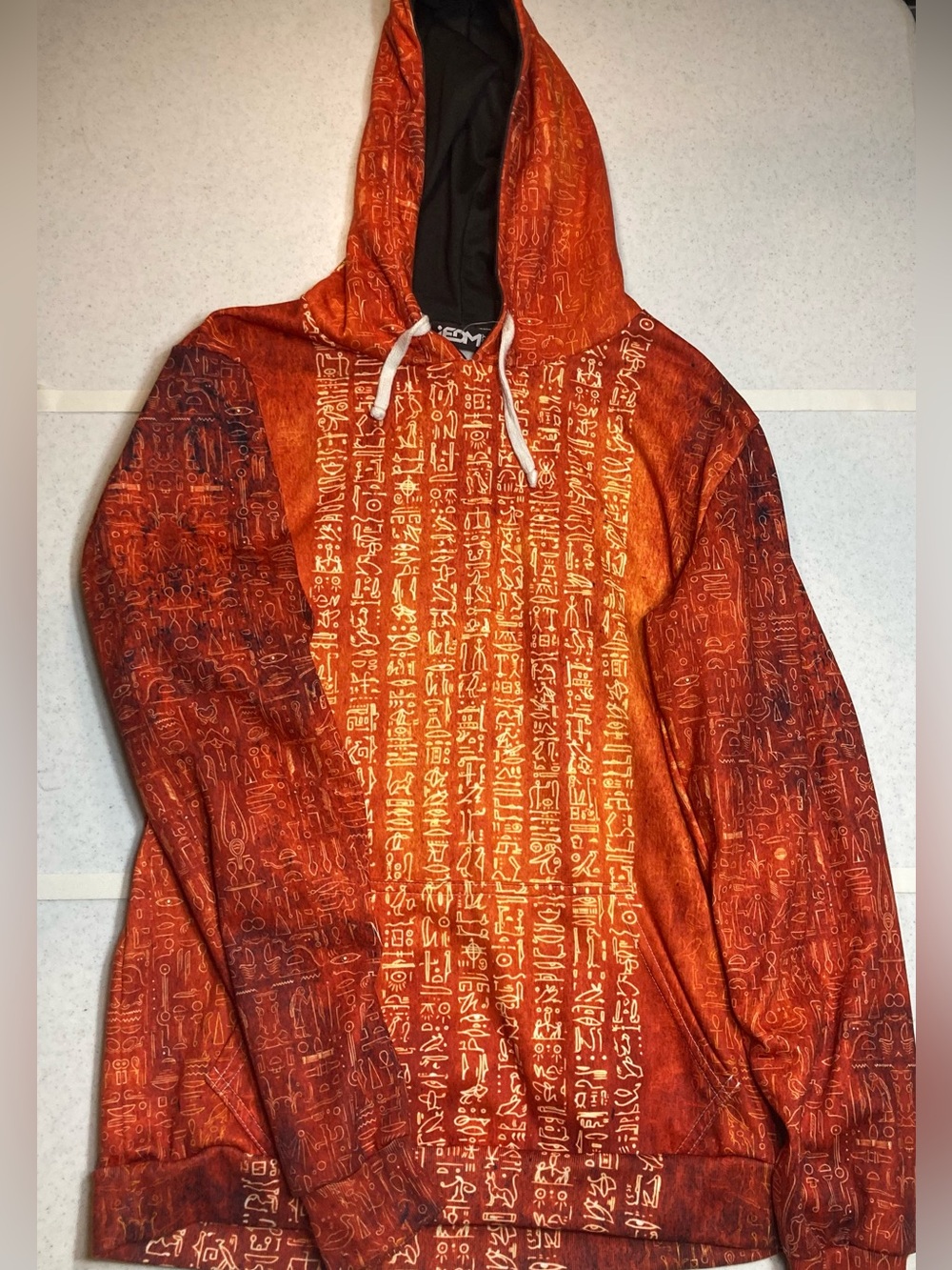 iEDM Orange Egyptian Hieroglyph Print Hoodie sz S rave poly USA made new